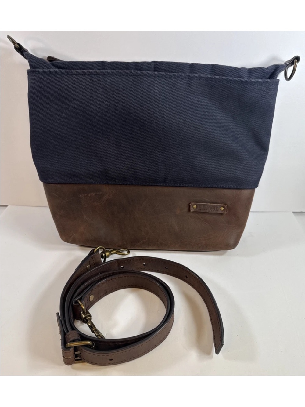 LL Bean Canvas and Leather Crossbody Bag - Navy and Brown